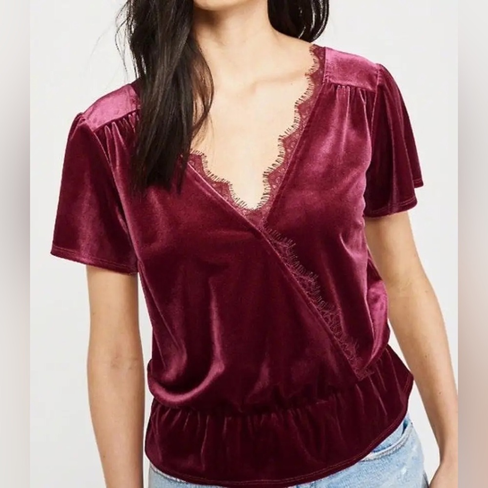Abercrombie & Fitch Maroon Velvet and Lace Faux Wrap Front Top